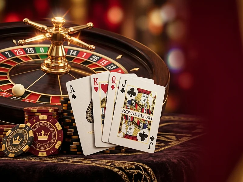 Mesa de roleta com fichas e cartas de blackjack, simbolizando estratégias e dicas para jogos de cassino online da pkp bet.
